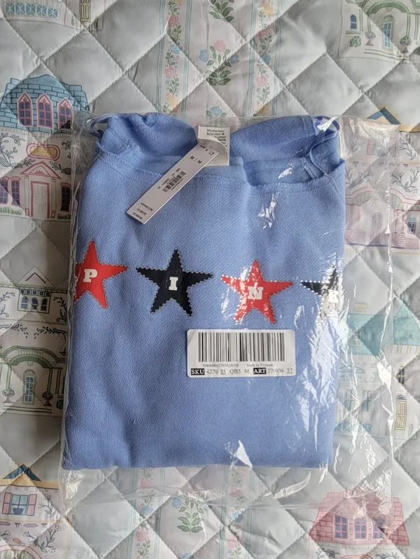New PINK Off The Shoulder Sweatshirt in Seascape Blue Stars Bling - Image 4
