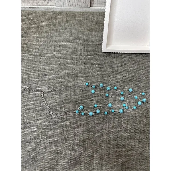 Layered Turquoise Bead Necklace w/ Silver Chain Adjustable Length Women Fashion - Image 2