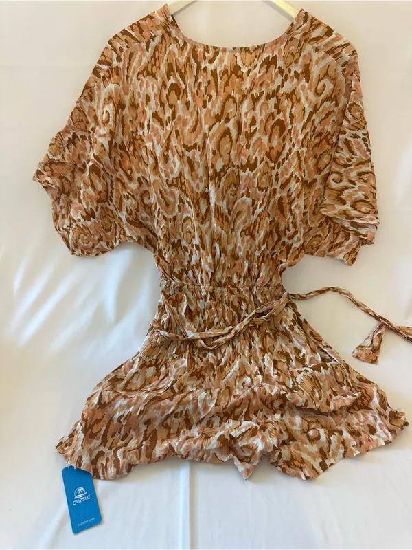 Cupshe Brown & Cream Printed Short Sleeve Romper with Waist Tie - Image 2
