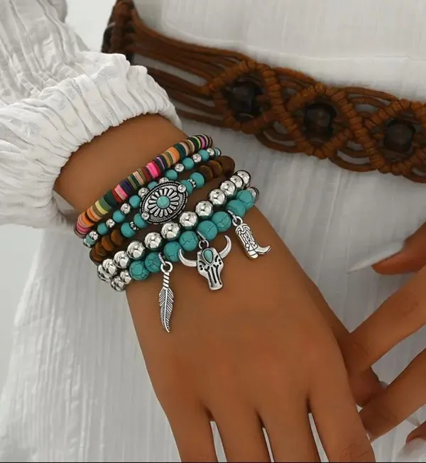 Western Lovely Vibrant Turquoise Stone Beaded Stretch Bracelet Elegant Stackable Brown - Image 5