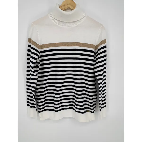 Tommy Hilfiger Turtleneck Sweater Large Striped Metallic White Gold Coastal Prep - Image 2