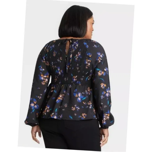 Ava & Viv Black Multicolor Floral Long Sleeve Smocked Peplum Top Sz‎ 1X NEW - Image 2