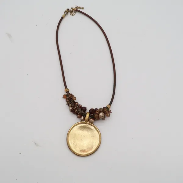 Hammered Gold Medallion Beaded Cord Necklace Brown Boho Statement - Image 3