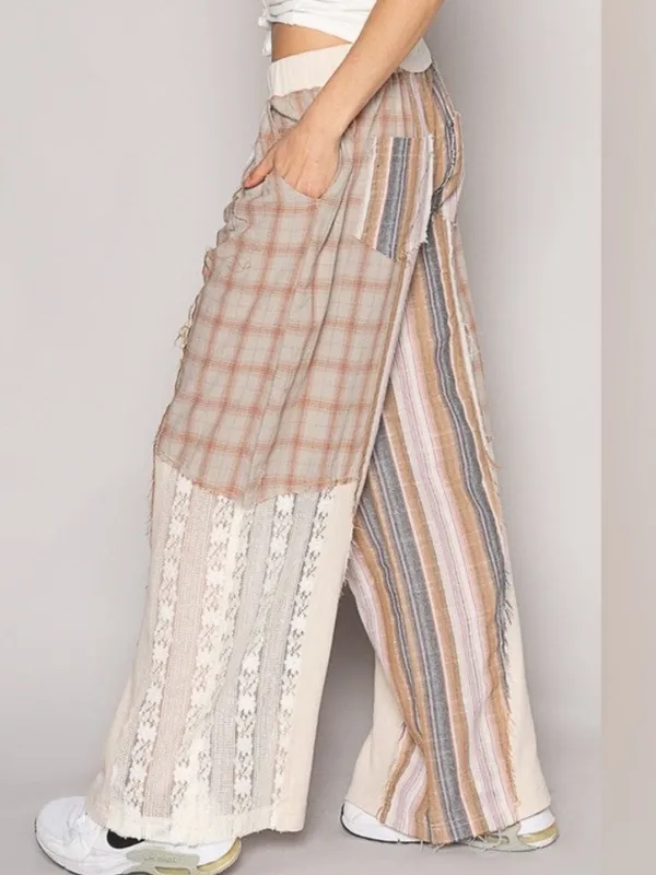 POL NEW relaxed fit patchwork cotton pants plaid, stripes, lace detail medium - Image 3