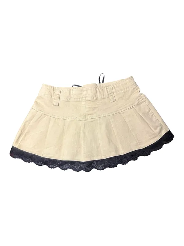 EDIKTED Cream Pleated Mini Skirt with Black Lace Trim - Image 2