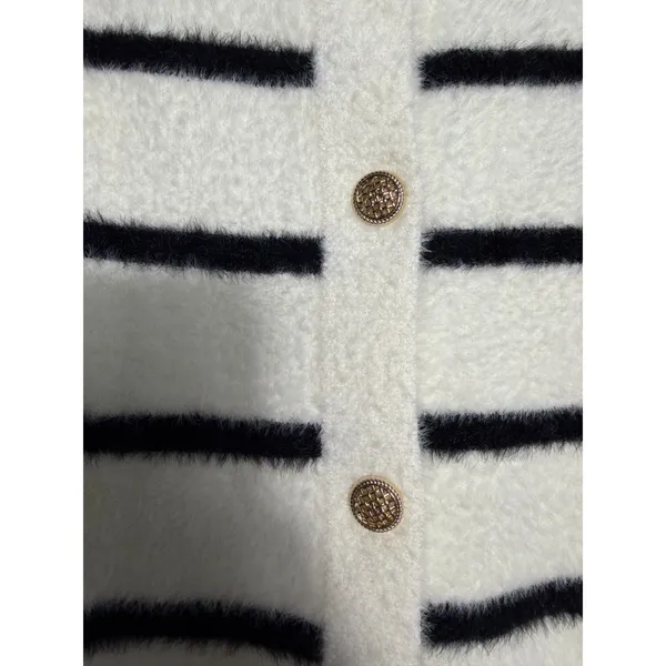 Goelia Eco-Friendly Mink Knitted Striped Cardigan Cream Black Gold Medium - Image 6
