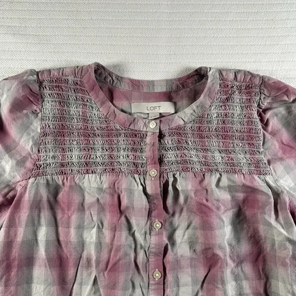 LOFT Women’s Medium Plaid Smocked Peasant Blouse Pink Gray Button Front - Image 8