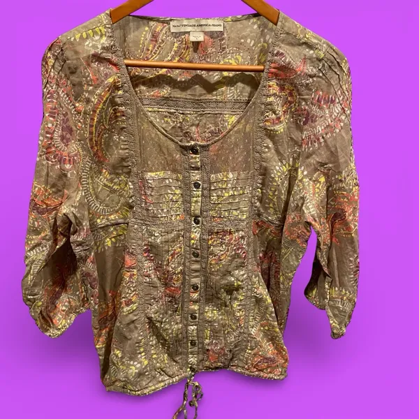 Cute boho western lace mesh paisley lightweight button front blouse festival Y2K - Image 3