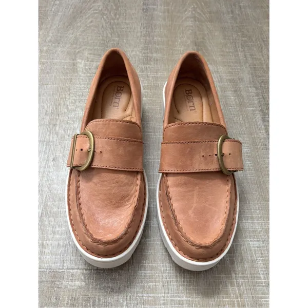 Born Contessa Tan Leather Chunky Platform Loafers Women’s 6 Lug Sole Slip On - Image 8