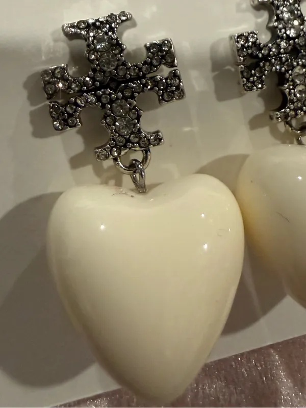 Tory Burch | Silver Plated Crystal Pave Accent Logo Earrings & Cream Heart Drops - Image 3