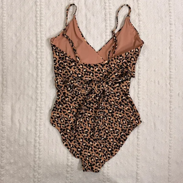 Aerie Leopard Print Wrap Cutout One Piece Swimsuit Medium Long Tie Waist - Image 4
