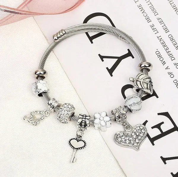 925 Silver Plated Love Heart Key Charm Bracelet for Women - Image 2