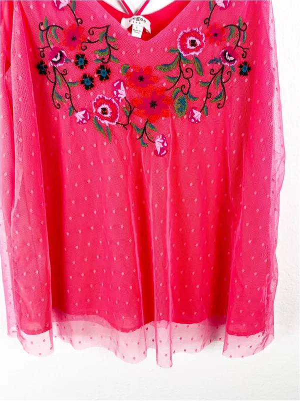 UMGEE Pink Swiss Dots Floral Strappy Lace Trim Top Large Boho Festival Concert - Image 9