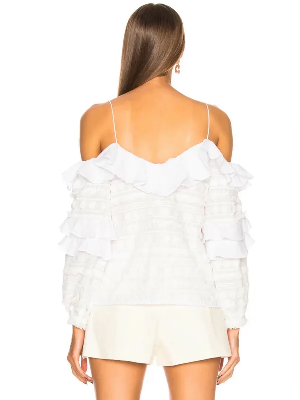 Alexis Damini White Off Shoulder Ruffle Long-Sleeve Fringe Blouse Shirt Top - Image 2