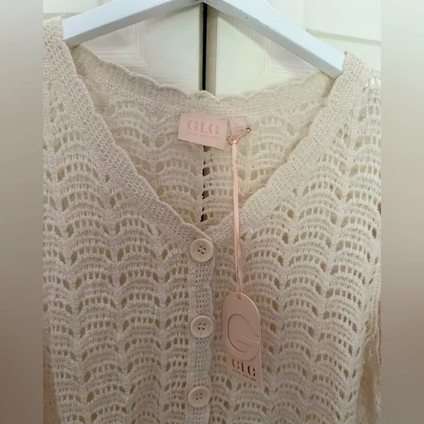 NWT Good Luck Gem Cream Crochet Knit Sweater Cardigan Short Sleeve Size Large - Image 3