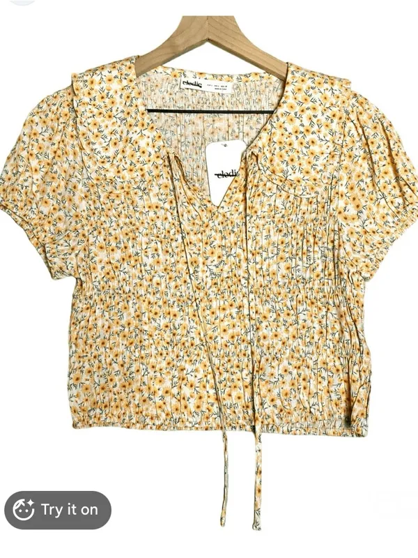 Elodie Smocked Peter Pan Collar Puff Sleeve Floral Daisy Crop Top Cottagecore - Image 2