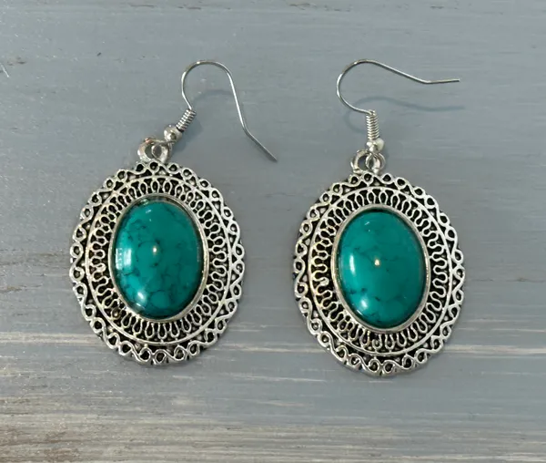 Silver Tone Dangle Pierced Earrings Faux Turquoise Cabochons Blue - Image 2