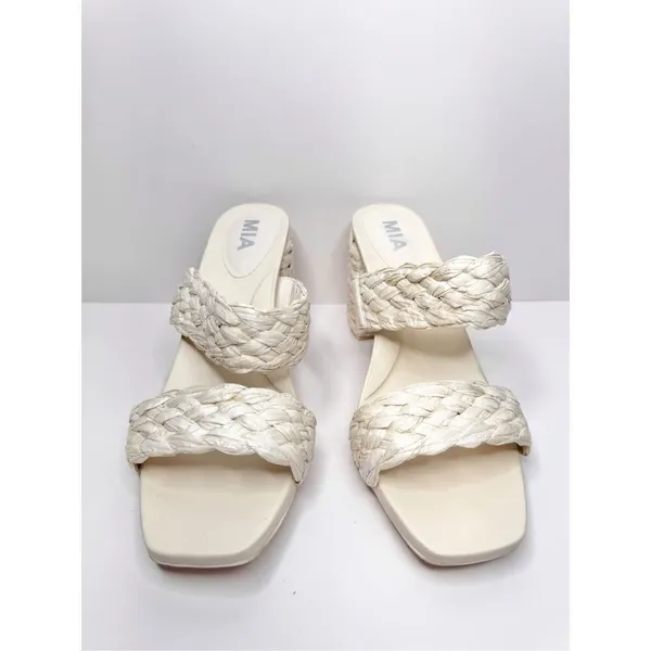 MIA Off‎ White Braided Block Heel Sandals Square Toe Mules Size 10 Raffia - Image 4
