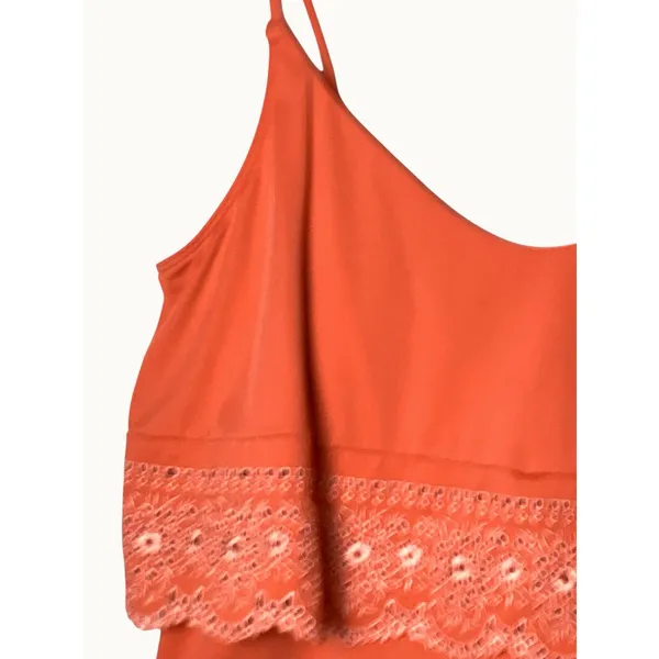 Women’s Tankini Swim Top Coral Pink Eyelet Lace Ruffle Padded Strappy 14” - Image 6