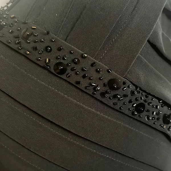 Cache Y2K Vintage Black‎ Beaded Bodycon Pleated Cocktail Mini Dress Sz 8 Party - Image 5