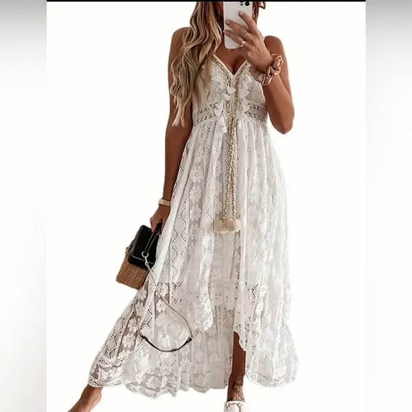 Boho Lace High-Low Maxi Dress with Tassel Accents Size Large NWT - Image 3