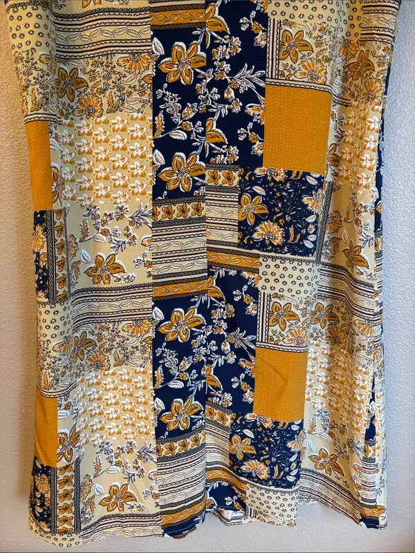 NEW! EMERY ROSE Boho Patchwork Swing Dress Mini Yellow Navy Blue Floral LARGE - Image 8