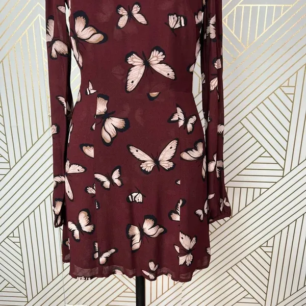 Reformation Butterfly Print Long Sleeve Mini Dress Maroon Red Size‎ 2 - Image 3
