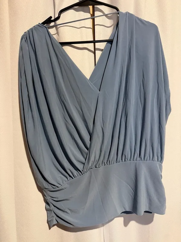 White House Black Market Blue Draped Surplice Ruched Waist Top - Image 3