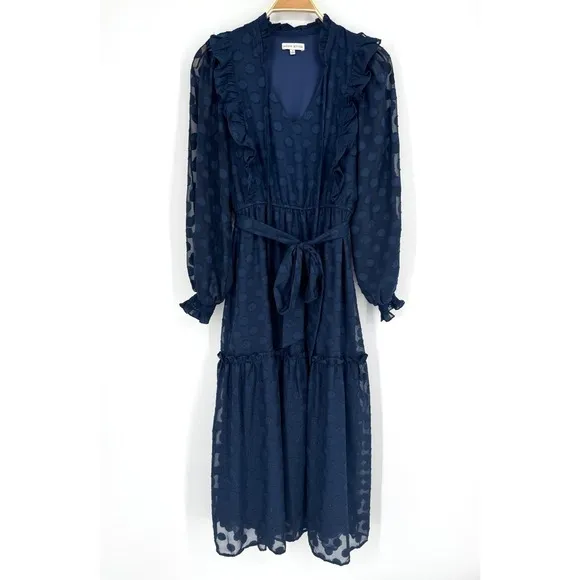 Moon River‎ Navy Polka Dot Midi Dress Small Sheer Long Sleeve Ruffle Tie Belt - Image 3