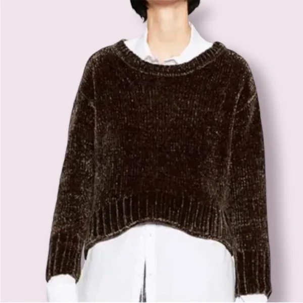 Zara Cropped olive brown chenille oversized wide crew neck sweater M - Image 2