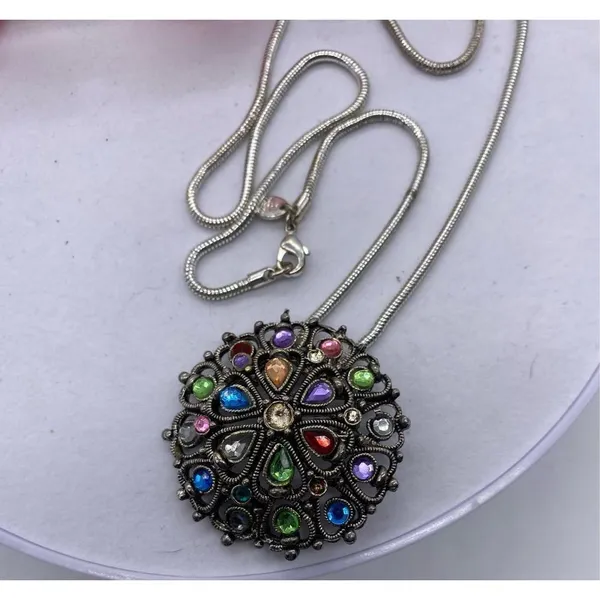 Silver Jeans Lightly domed colorful rhinestone pendant necklace brushed antique silver - Image 2
