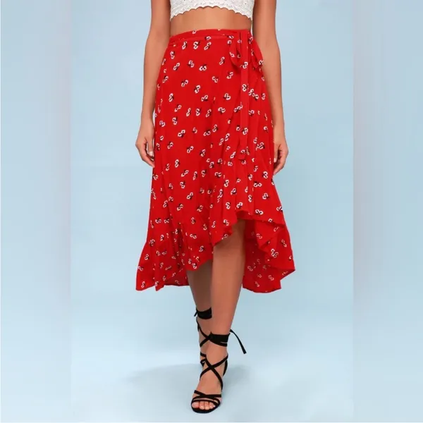 Billabong Dancing Till Dawn Red Floral Midi Wrap Skirt Size Medium - Image 5