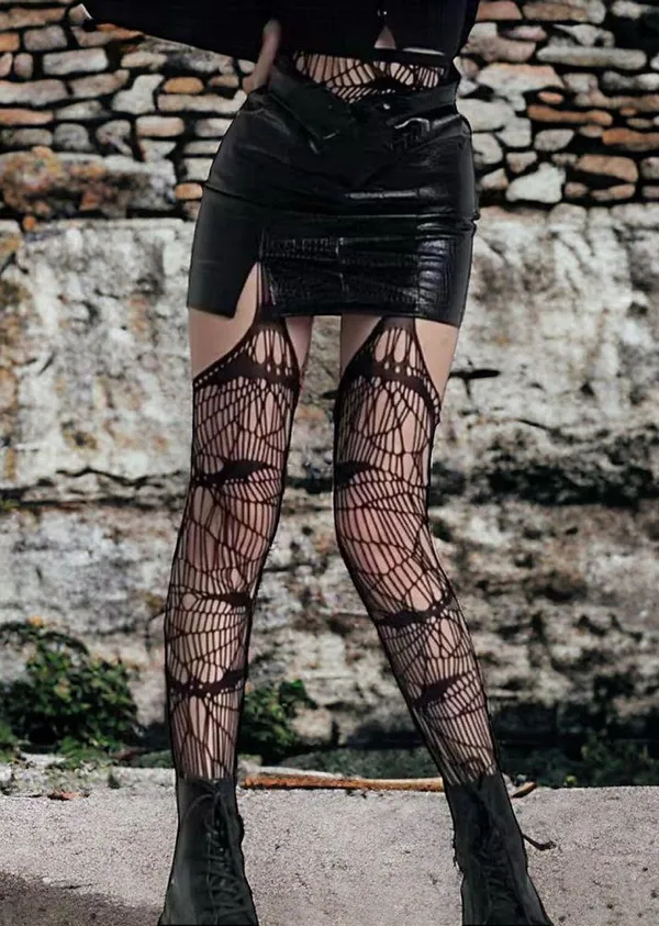 Black Bat Fishnet Suspender Tights Hollow Out High Waist Mesh Pantyhose One Size - Image 3