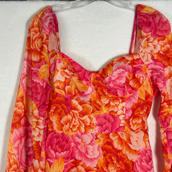 Steve Madden Floral Mini Dress Orange‎ Pink Sweetheart Smocked Back Size 4 - Image 11