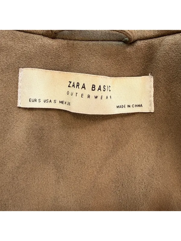 Zara Basic Brown Faux Suede Cropped Moto Biker Jacket Womens S Asymmetrical Zip - Image 4