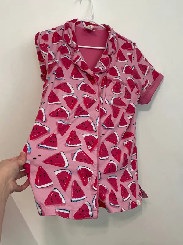 MUNKI MUNKI Pink White Blue Watermelon Fruit Print Short Sleeve Pajama SHIRT PJs - Image 9