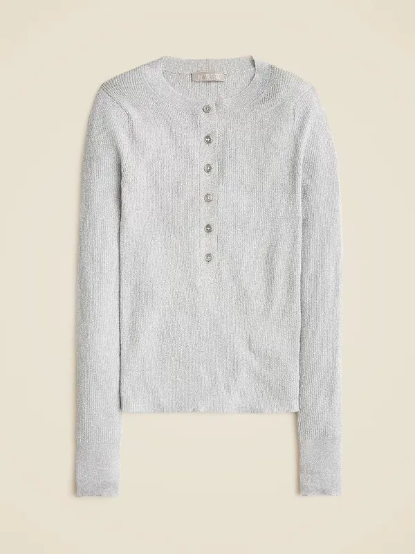 J.Crew Ribbed Henley Sweater Lurex NWT Silver Medium - Image 2