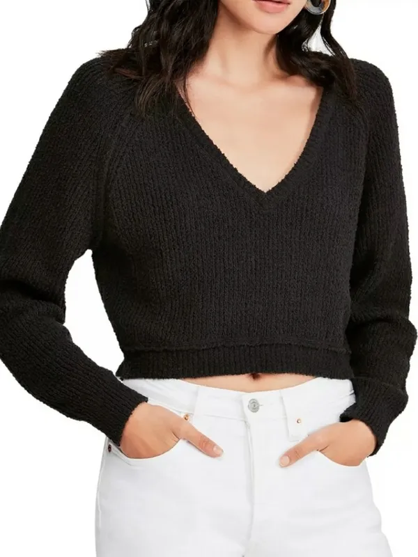 Free People Textured Knit V Neck Sweater Size Small Crop Black - Image 9