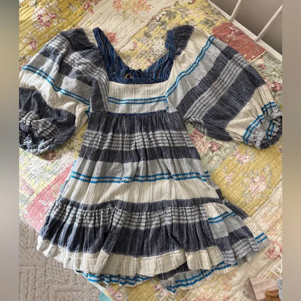 Free People All Lined Up Blue Multi Striped Puff Sleeve Mini Dress - Image 4