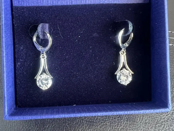 Swarovski Round Drop Crystal Silver Finish Pierced Earrings SKU#801 - Image 2