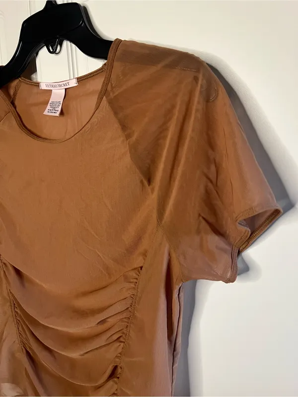 Victoria’s Secret Brown Sheer Mesh Ruched Short Sleeve Top - Image 7