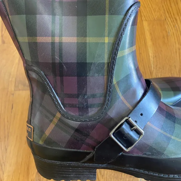 LL Bean Wellie Rain Boots Women 7 Purple Green Plaid Buckle Tall Preppy Heritage - Image 8