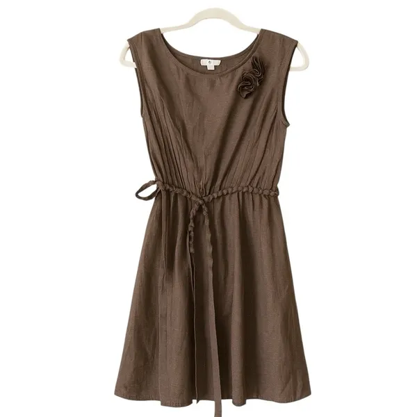 YA Los Angeles Bronze Brown Rosette Shoulder Mini Dress Medium Elastic Waist Tie - Image 7