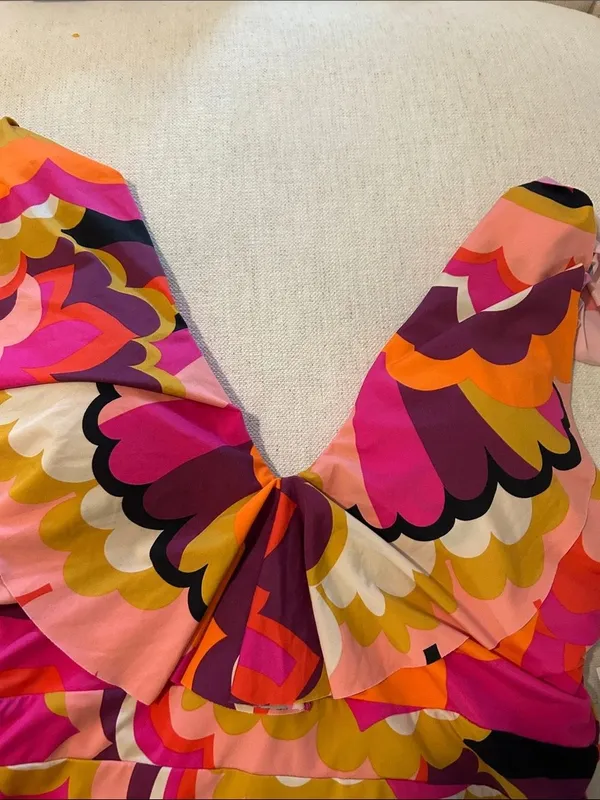 Trina Turk Fan Faire Ruffle Plunge One Piece Swimsuit, Pink/Orange, size 12, NWT - Image 5