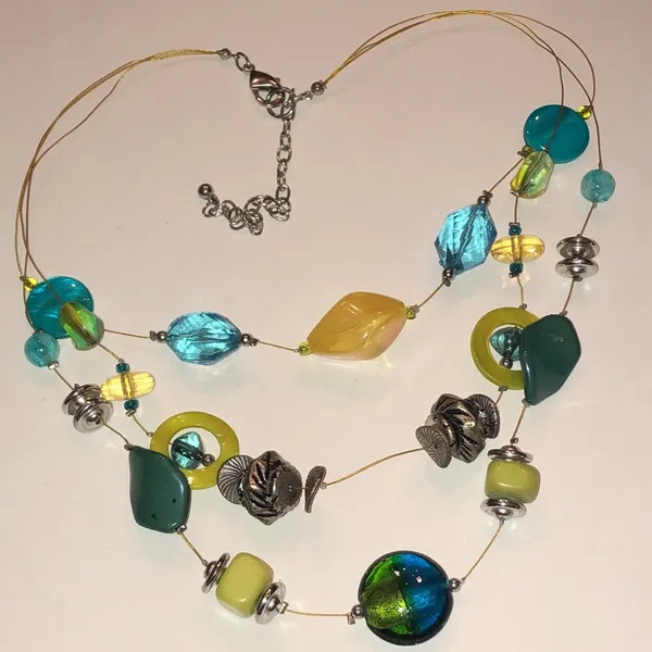 Yellow Green Blue Multicolor Silver Tone Boho Beaded Necklace - Image 2