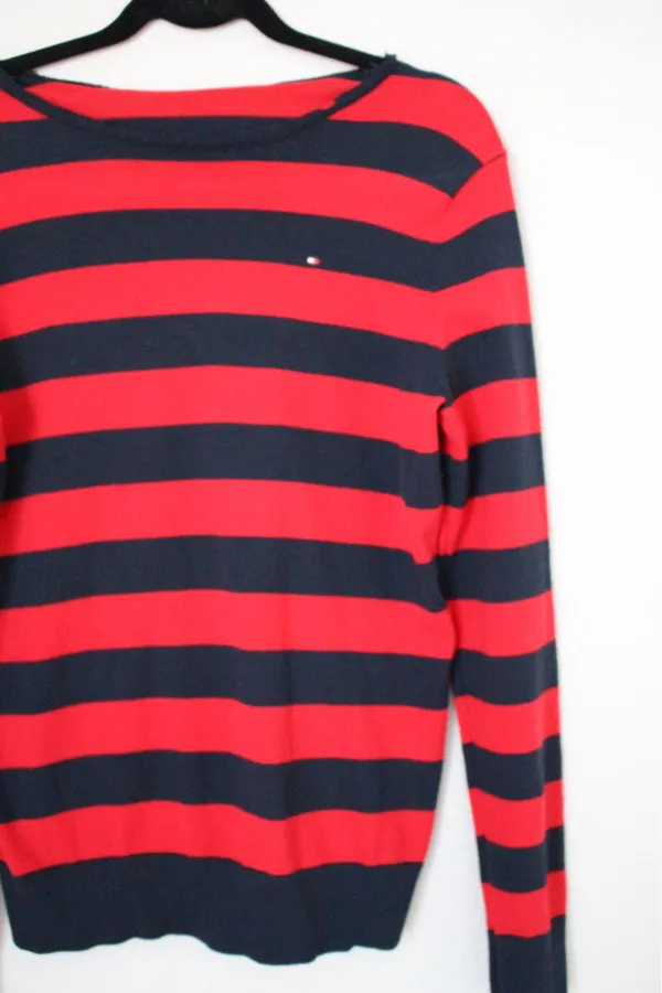 Tommy Hilfiger red and navy striped cotton blend boatneck sweater - Image 2