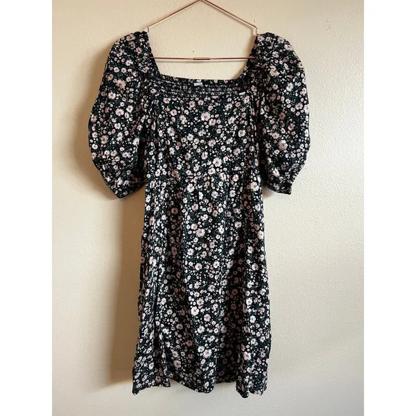 Old Navy Dress Women Small Black Floral Puff Sleeve‎ Smocked Mini Fit & Flare - Image 3