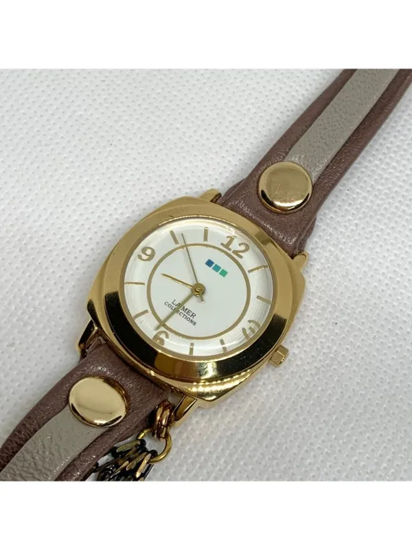 La Mer Collections Double Wrap leather band Gold Tone 30mm Watch quartz running - Image 2