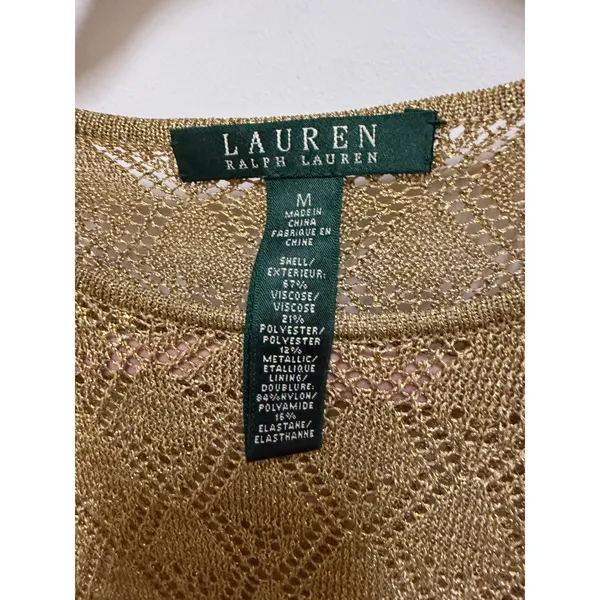 Lauren Ralph Lauren‎ Gold Metallic Pointelle Knit Crochet Sweater Top Womens M - Image 5