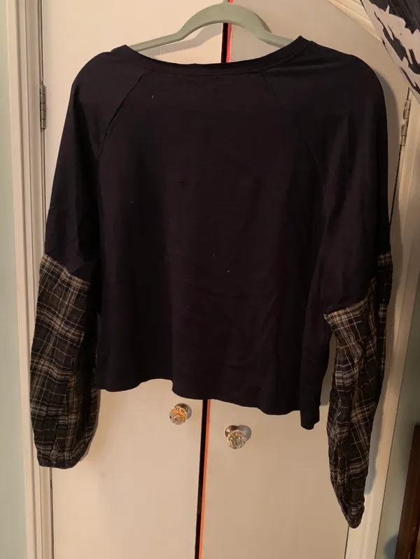 Navy Top with Plaid Sleeves - Image 2